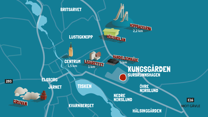 Karta över Falun, med avstånd från Kungsgården till exempelvis centrum, lasarett, handelsområde med mera. 