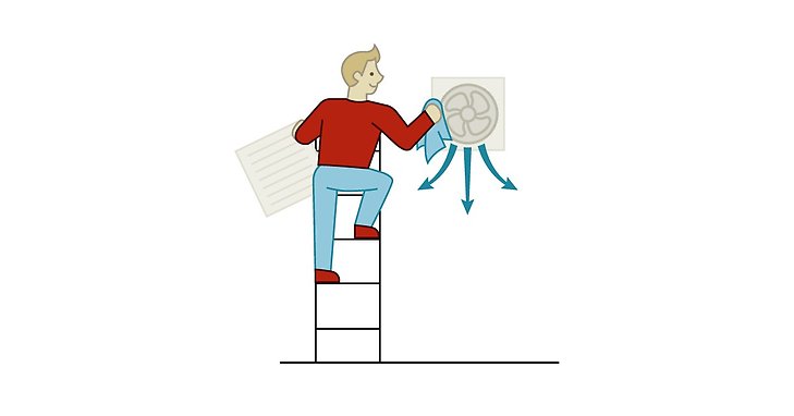 En illustration över en person som står på en stege och gör ren sin ventilation eller fläkt med en trasa.
